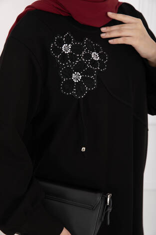 Taş İşleme Çiçek Detaylı Tesettür İkili Takım Siyah - Thumbnail