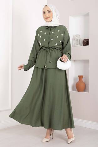 Taş İşlemeli Beli Tünelli Etekli Takım Haki - Thumbnail