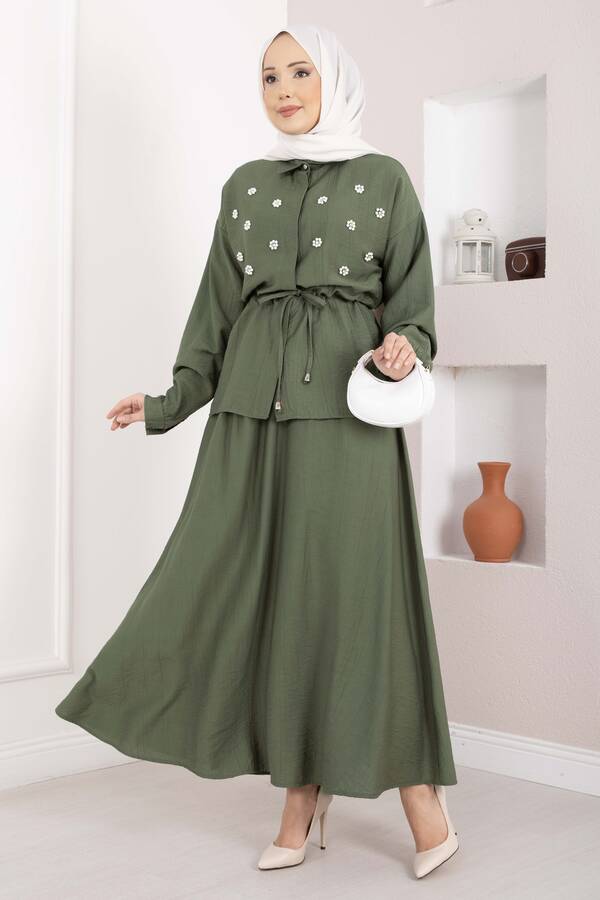 NS - Taş İşlemeli Beli Tünelli Etekli Takım Haki