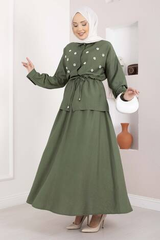 Taş İşlemeli Beli Tünelli Etekli Takım Haki - Thumbnail