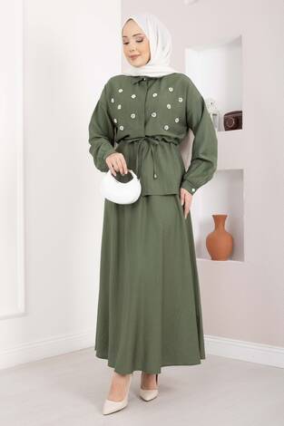 Taş İşlemeli Beli Tünelli Etekli Takım Haki - Thumbnail