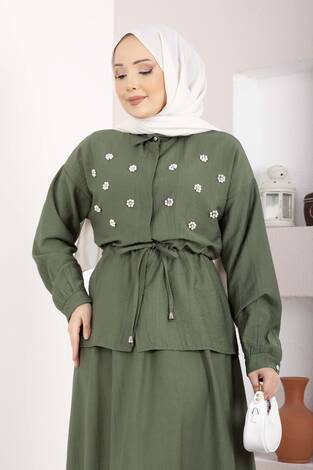 Taş İşlemeli Beli Tünelli Etekli Takım Haki - Thumbnail