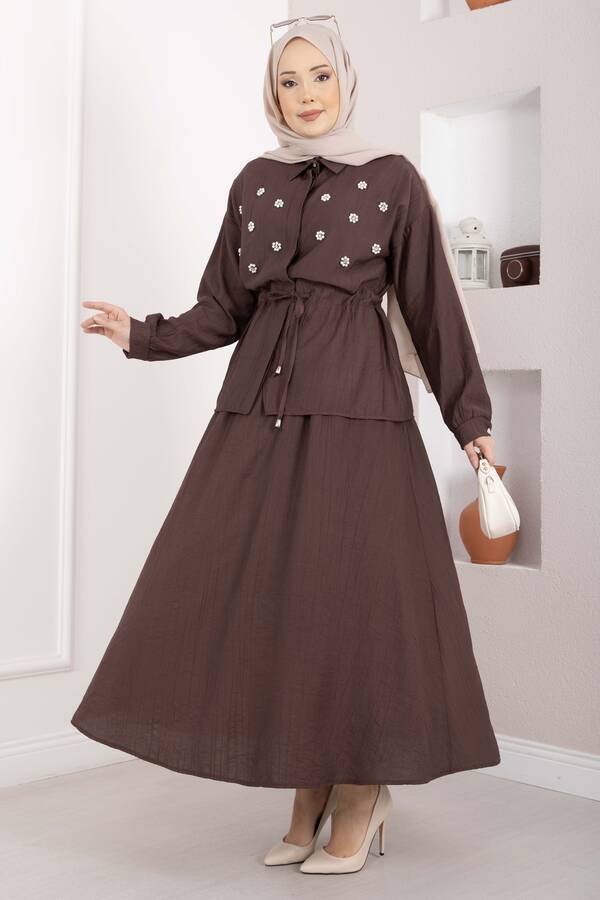 NS - Taş İşlemeli Beli Tünelli Etekli Takım Kahve