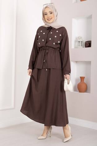 Taş İşlemeli Beli Tünelli Etekli Takım Kahve - Thumbnail