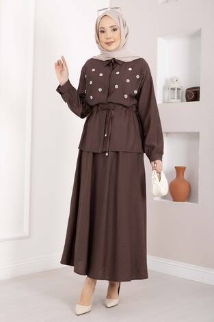 Taş İşlemeli Beli Tünelli Etekli Takım Kahve - Thumbnail