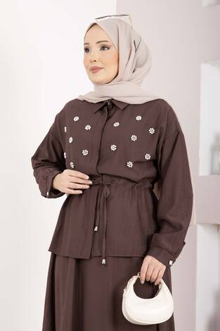 Taş İşlemeli Beli Tünelli Etekli Takım Kahve - Thumbnail
