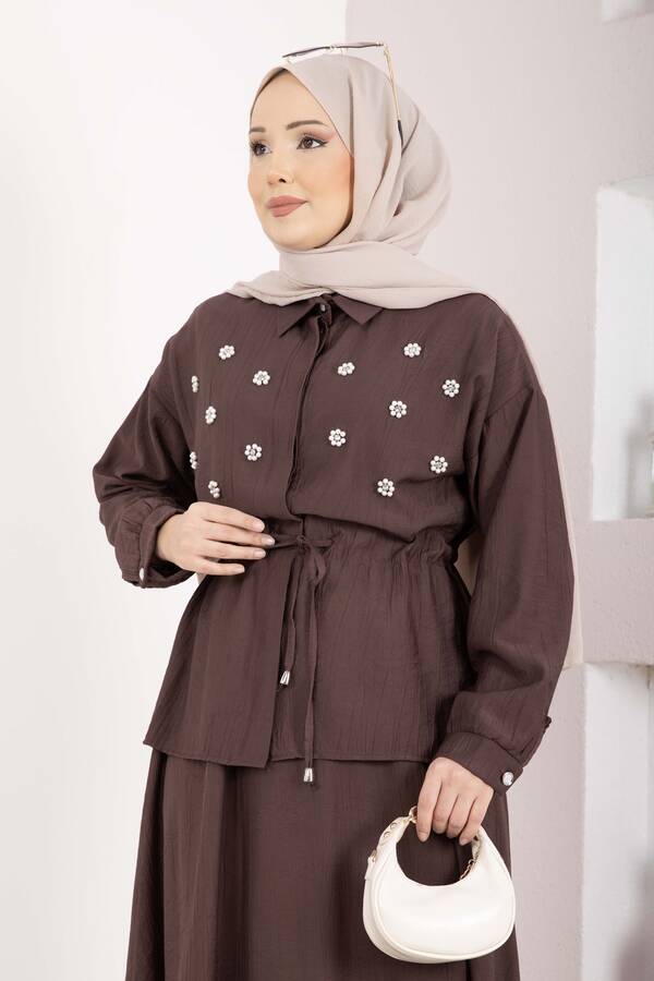 NS - Taş İşlemeli Beli Tünelli Etekli Takım Kahve (1)