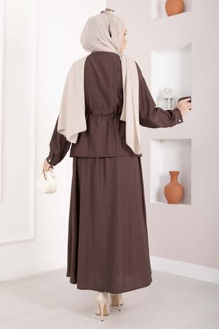 Taş İşlemeli Beli Tünelli Etekli Takım Kahve - Thumbnail