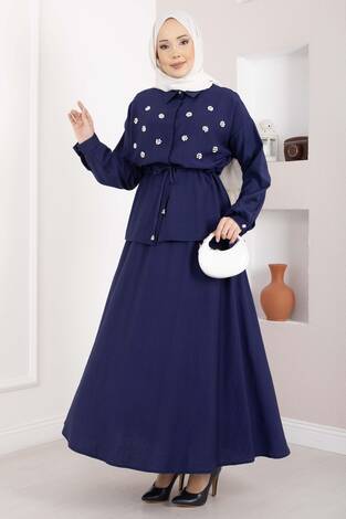 Taş İşlemeli Beli Tünelli Etekli Takım Lacivert - Thumbnail