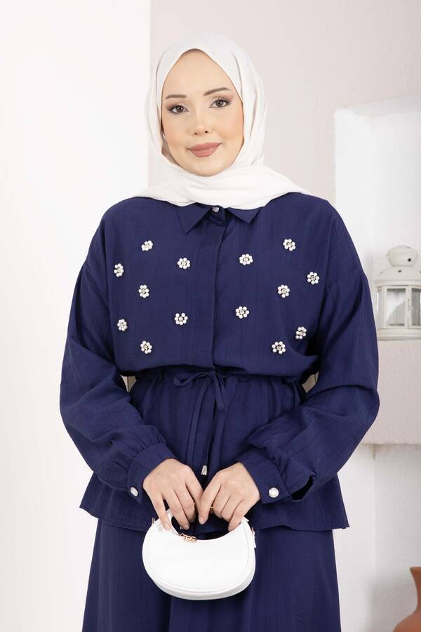 NS - Taş İşlemeli Beli Tünelli Etekli Takım Lacivert (1)