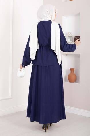 Taş İşlemeli Beli Tünelli Etekli Takım Lacivert - Thumbnail