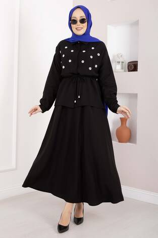 Taş İşlemeli Beli Tünelli Etekli Takım Siyah - Thumbnail