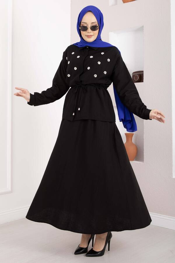 NS - Taş İşlemeli Beli Tünelli Etekli Takım Siyah