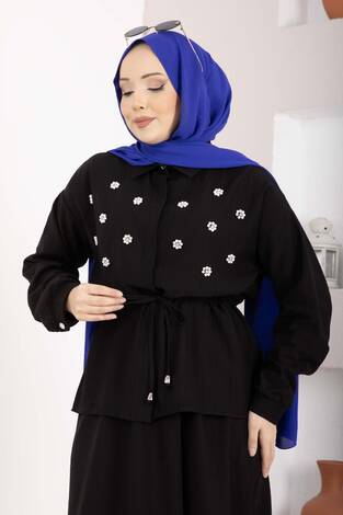 Taş İşlemeli Beli Tünelli Etekli Takım Siyah - Thumbnail