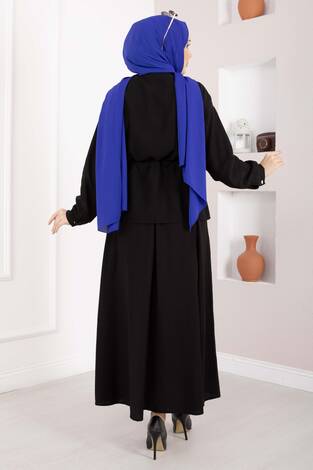 Taş İşlemeli Beli Tünelli Etekli Takım Siyah - Thumbnail