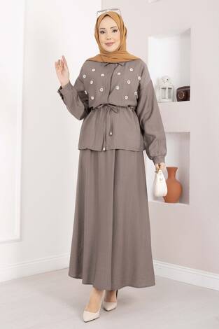 Taş İşlemeli Beli Tünelli Etekli Takım Vizon - Thumbnail