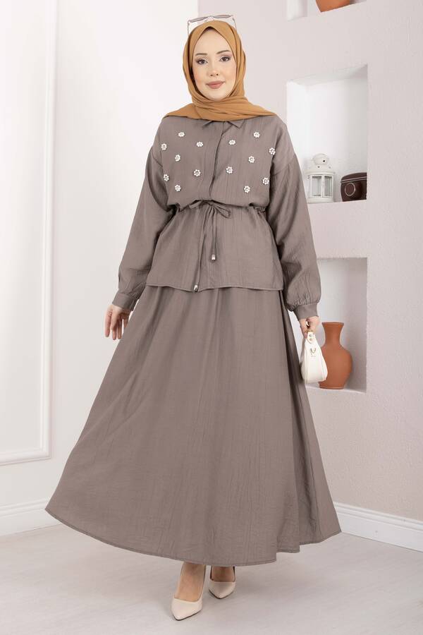 NS - Taş İşlemeli Beli Tünelli Etekli Takım Vizon