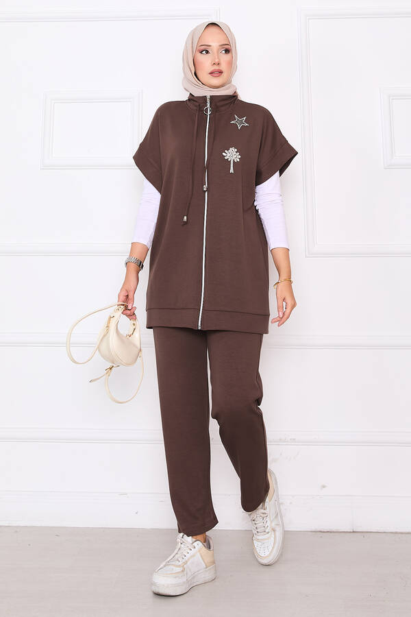 MD - Taş İşlemeli Fermuarlı Yelek Takım Kahve (1)