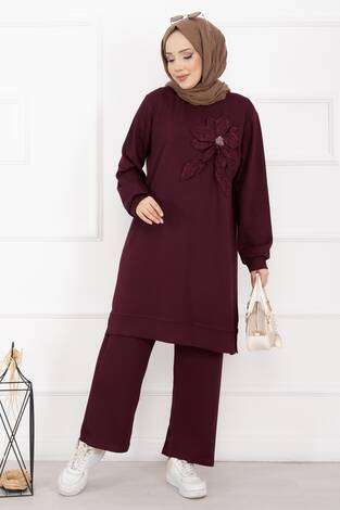 Taş İşlemeli Kabartma Çiçekli Tesettür Takım Bordo - Thumbnail