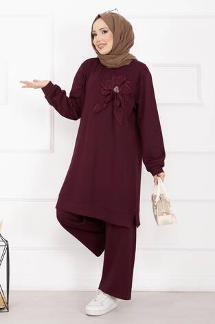 Taş İşlemeli Kabartma Çiçekli Tesettür Takım Bordo - Thumbnail