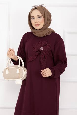 Taş İşlemeli Kabartma Çiçekli Tesettür Takım Bordo - Thumbnail
