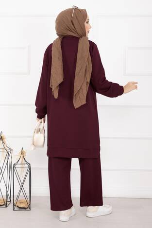 Taş İşlemeli Kabartma Çiçekli Tesettür Takım Bordo - Thumbnail