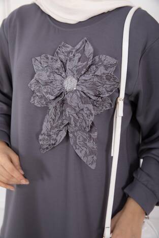 Taş İşlemeli Kabartma Çiçekli Tesettür Takım Gri - Thumbnail