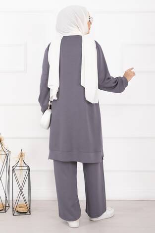 Taş İşlemeli Kabartma Çiçekli Tesettür Takım Gri - Thumbnail