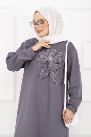 Taş İşlemeli Kabartma Çiçekli Tesettür Takım Gri - Thumbnail