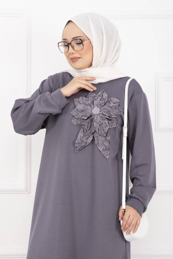 Nz - Taş İşlemeli Kabartma Çiçekli Tesettür Takım Gri (1)