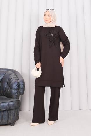 Taş İşlemeli Kabartma Çiçekli Tesettür Takım Kahve - Thumbnail