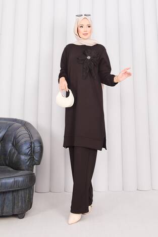 Taş İşlemeli Kabartma Çiçekli Tesettür Takım Kahve - Thumbnail