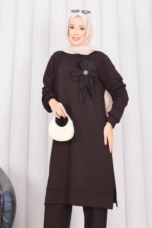 Taş İşlemeli Kabartma Çiçekli Tesettür Takım Kahve - Thumbnail