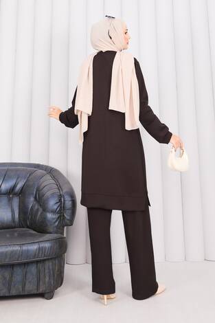 Taş İşlemeli Kabartma Çiçekli Tesettür Takım Kahve - Thumbnail