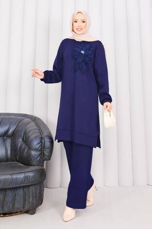 Taş İşlemeli Kabartma Çiçekli Tesettür Takım Lacivert - Thumbnail