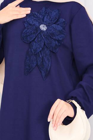 Taş İşlemeli Kabartma Çiçekli Tesettür Takım Lacivert - Thumbnail