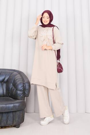 Taş İşlemeli Kabartma Çiçekli Tesettür Takım Taş - Thumbnail