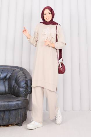 Taş İşlemeli Kabartma Çiçekli Tesettür Takım Taş - Thumbnail