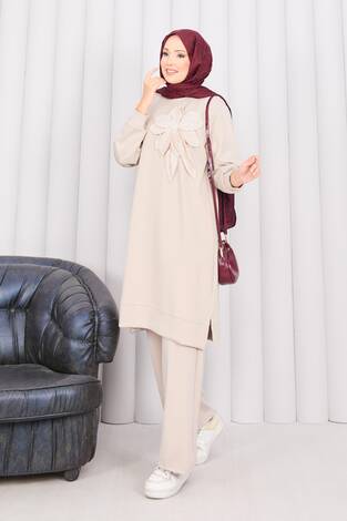 Taş İşlemeli Kabartma Çiçekli Tesettür Takım Taş - Thumbnail