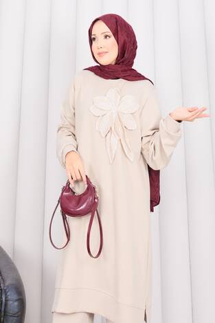 Taş İşlemeli Kabartma Çiçekli Tesettür Takım Taş - Thumbnail