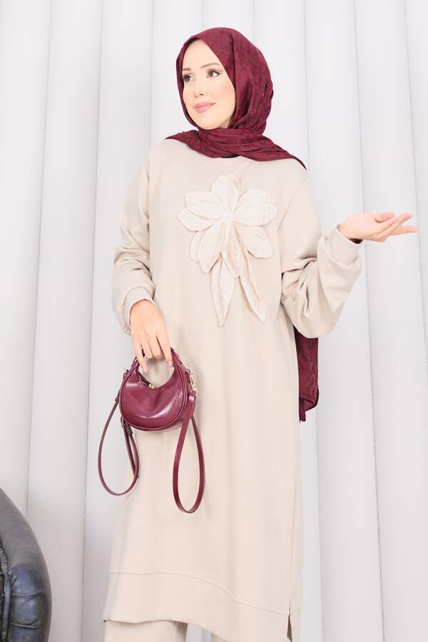 Nz - Taş İşlemeli Kabartma Çiçekli Tesettür Takım Taş (1)