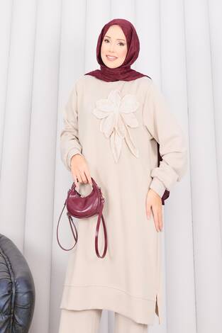 Taş İşlemeli Kabartma Çiçekli Tesettür Takım Taş - Thumbnail