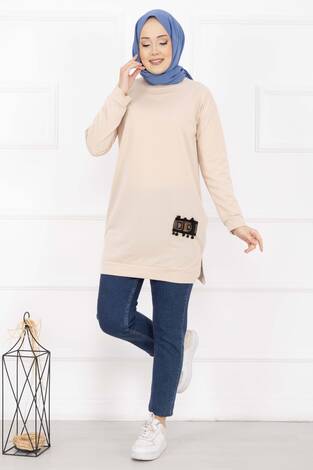 Taş İşlemeli Ponponlu Tesettür Tunik Bej - Thumbnail