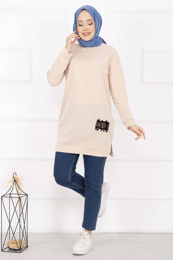 CVN - Taş İşlemeli Ponponlu Tesettür Tunik Bej