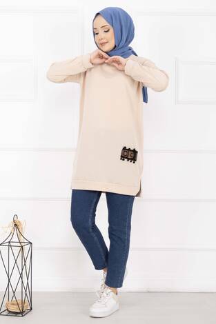 Taş İşlemeli Ponponlu Tesettür Tunik Bej - Thumbnail