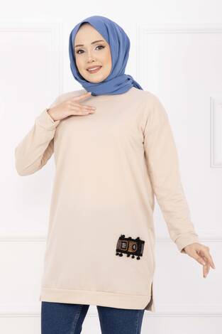 Taş İşlemeli Ponponlu Tesettür Tunik Bej - Thumbnail