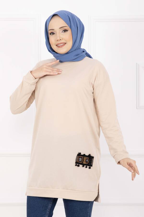 CVN - Taş İşlemeli Ponponlu Tesettür Tunik Bej (1)