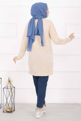 Taş İşlemeli Ponponlu Tesettür Tunik Bej - Thumbnail