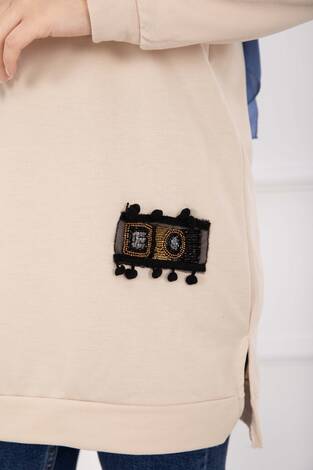 Taş İşlemeli Ponponlu Tesettür Tunik Bej - Thumbnail