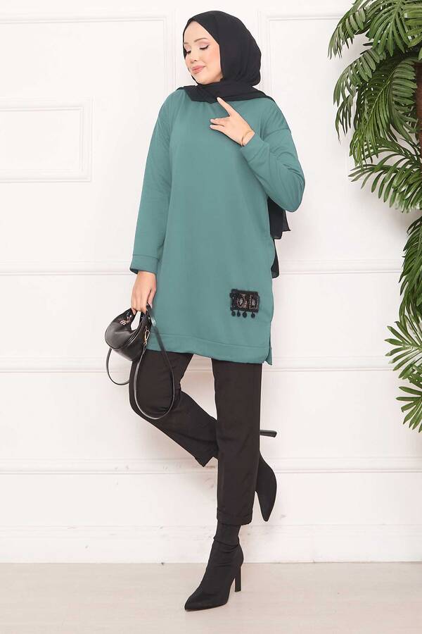 CVN - Taş İşlemeli Ponponlu Tesettür Tunik Çağla Yeşili